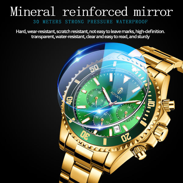 AIMANA Luxury Men’s Gold Chronograph Watch, Stainless Steel Quartz Wristwatch with Luminous Hands, Multi-Function Dial and Date Display, Water-Resistant Sports Watch, Ideal Gift for Him