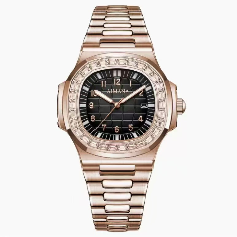 AIMANA Unisex luxury watch with a stainless steel case, diamond bezel, date display, elegant design, and timeless style.