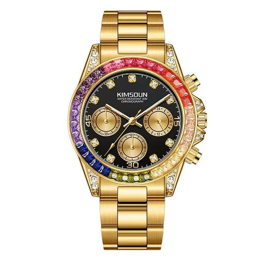 Men’s business fashion watch with crystal accents and a rainbow crystal chronograph design