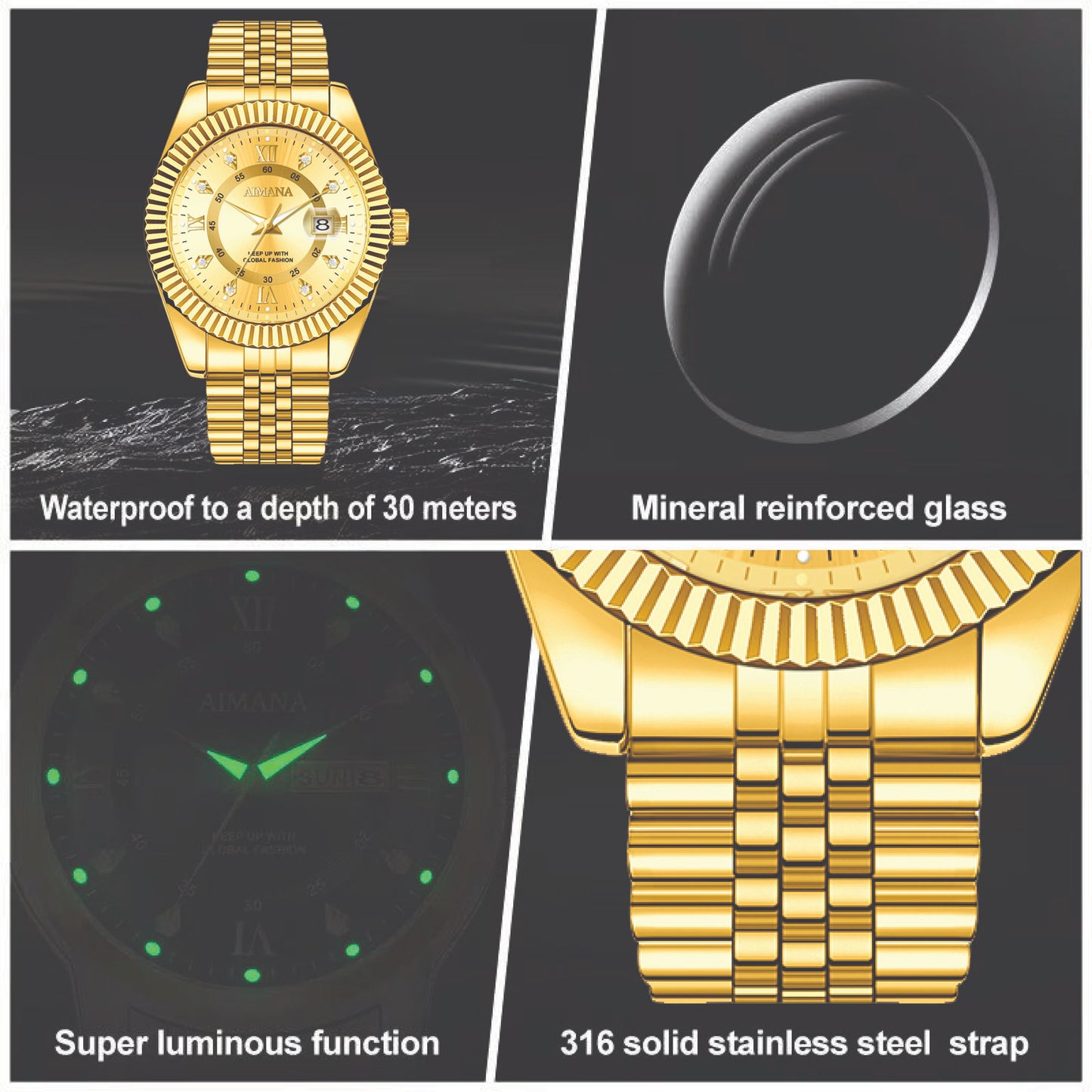 AIMANA luxury business watch features an all-gold design