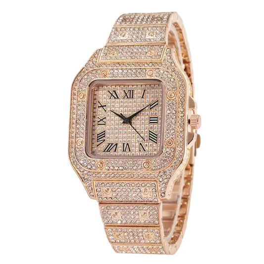 AIMANA Stylish Full-Diamond Square Watch – Sparkling crystal design, Roman numeral dial