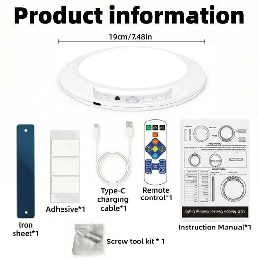 Smart Human Motion Sensor Ceiling Light with Type-C Charging Cable, Adhesive Tape, Remote Control, Iron Sheet, Screw Bag, Bedroom Stairs Closet, Motion Sensor Lamp