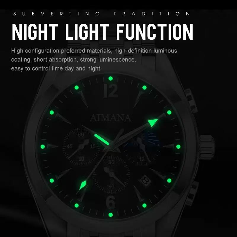 AIMANA Men’s Luxury Chronograph Watch – Crafted from Premium Alloy Steel, Featuring a Luminous Dial, Three Sub-Dials, Date Display & Control Buttons. Available in Two Elegant Colors