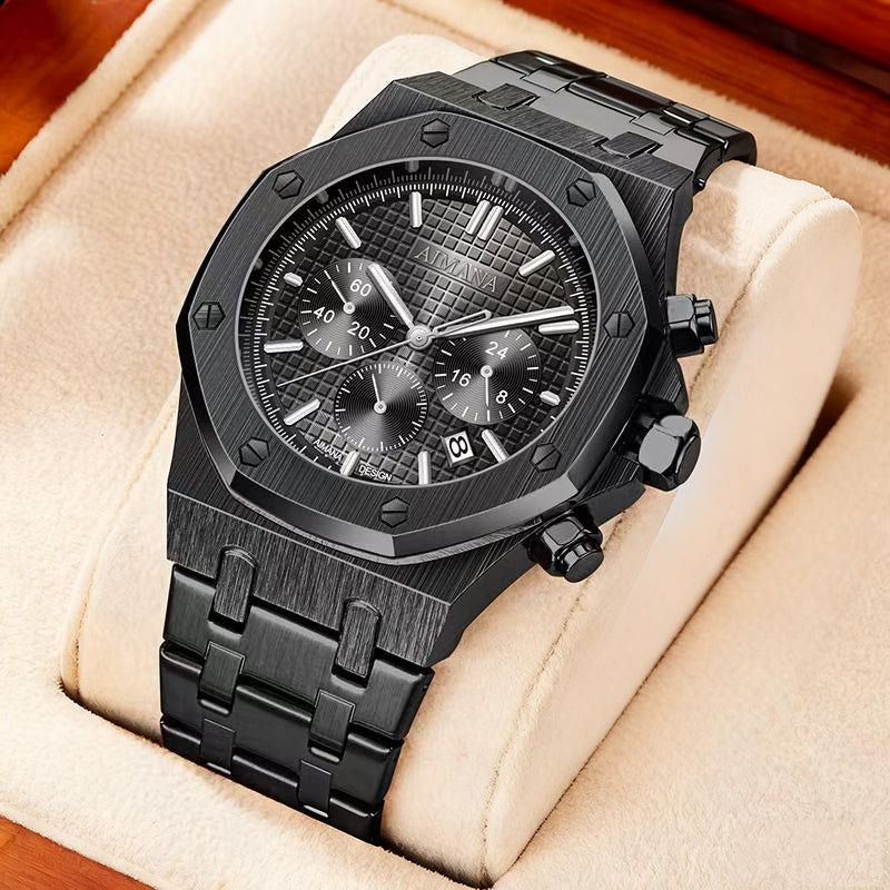AIMANA Men’s Chronograph Watch – Square Premium Steel Case, Luminous Dial, Water & Scratch Resistant, with 3 Sub-Dials and Precision Control Buttons.