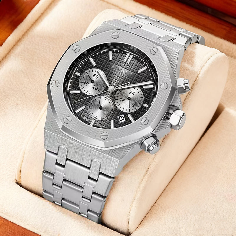 AIMANA Men’s Chronograph Watch – Square Premium Steel Case, Luminous Dial, Water & Scratch Resistant, with 3 Sub-Dials and Precision Control Buttons.