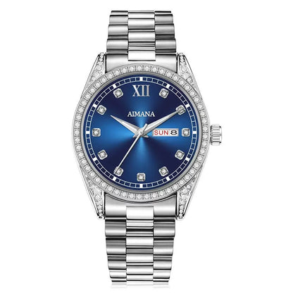 AIMANA Men’s Business Fashion Quartz Watch – Featuring a Full-Diamond Round Dial, Available in Three Colors, with Luminous Display, Water Resistance, and Date Function. A Trendy, Versatile, and Exquisite Timepiece.
