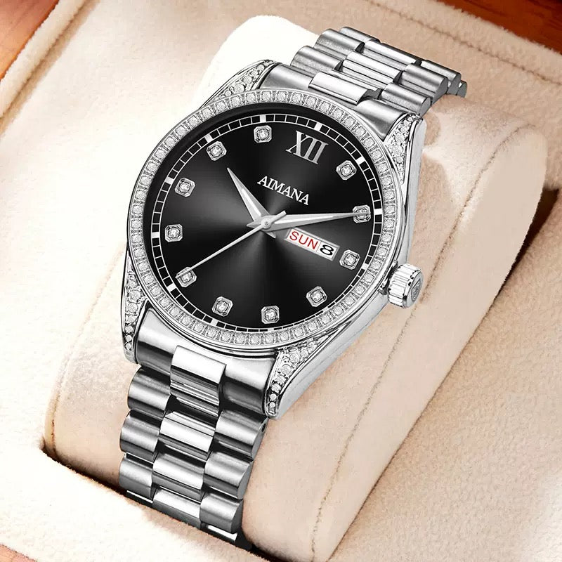 AIMANA Men’s Business Fashion Quartz Watch – Featuring a Full-Diamond Round Dial, Available in Three Colors, with Luminous Display, Water Resistance, and Date Function. A Trendy, Versatile, and Exquisite Timepiece.