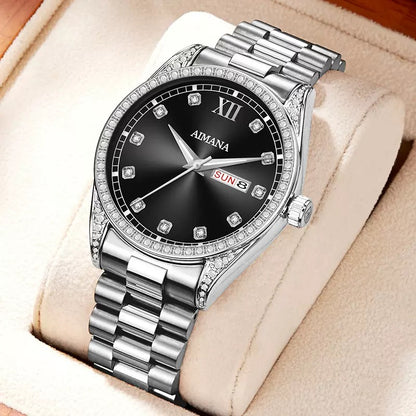 AIMANA Men’s Business Fashion Quartz Watch – Featuring a Full-Diamond Round Dial, Available in Three Colors, with Luminous Display, Water Resistance, and Date Function. A Trendy, Versatile, and Exquisite Timepiece.