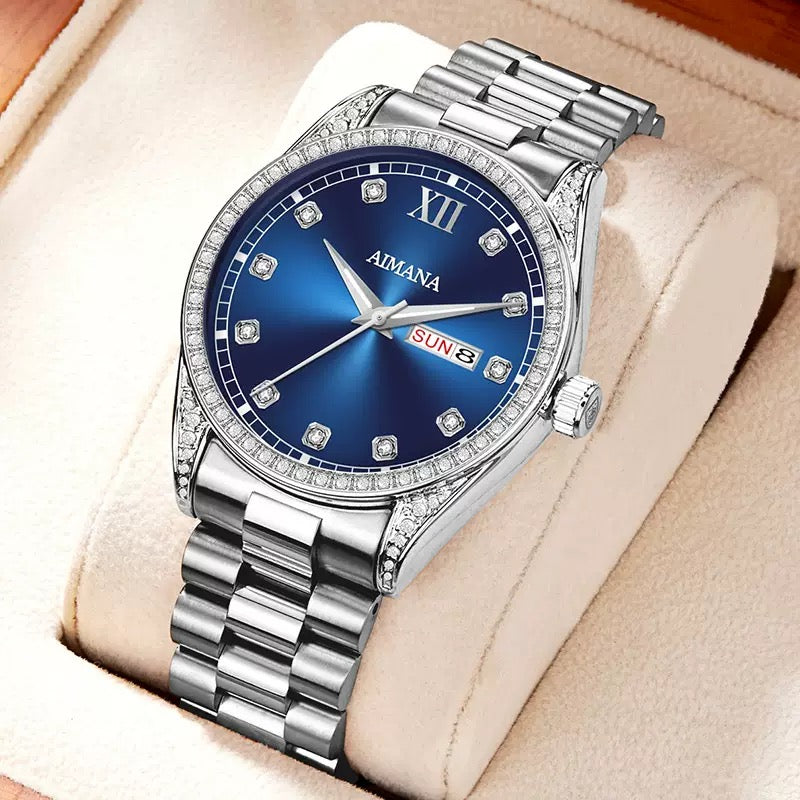 AIMANA Men’s Business Fashion Quartz Watch – Featuring a Full-Diamond Round Dial, Available in Three Colors, with Luminous Display, Water Resistance, and Date Function. A Trendy, Versatile, and Exquisite Timepiece.
