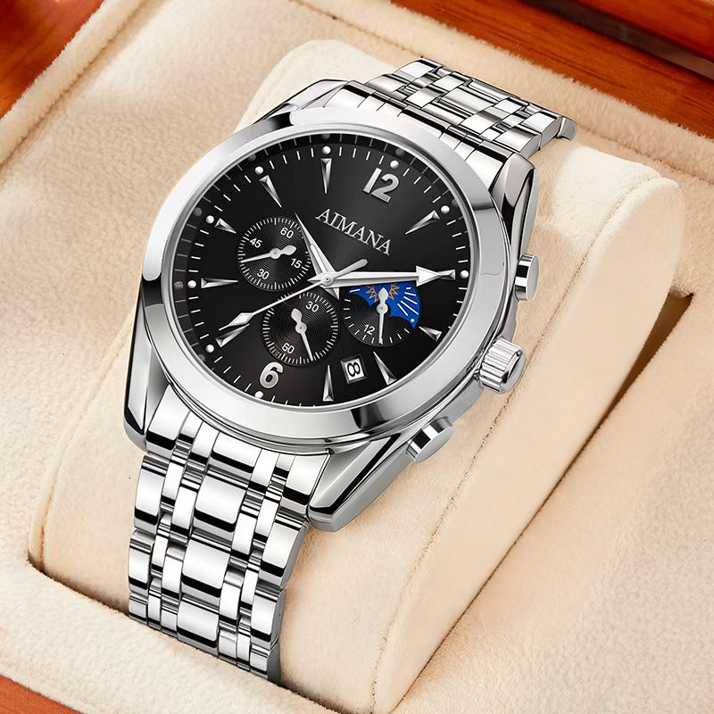AIMANA Men’s Luxury Chronograph Watch – Crafted from Premium Alloy Steel, Featuring a Luminous Dial, Three Sub-Dials, Date Display & Control Buttons. Available in Two Elegant Colors