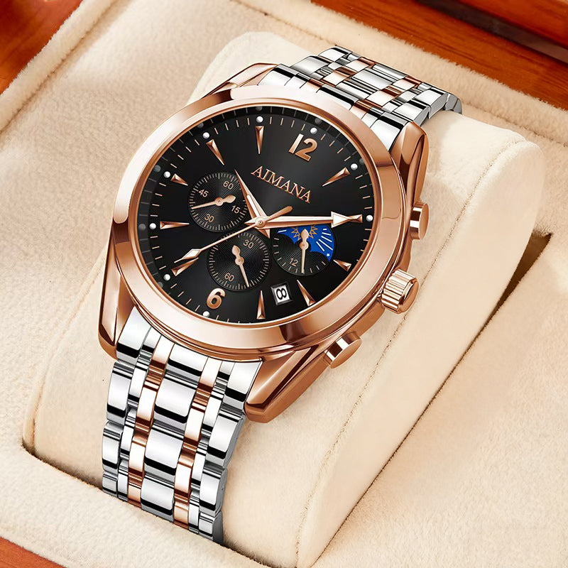AIMANA Men’s Luxury Chronograph Watch – Crafted from Premium Alloy Steel, Featuring a Luminous Dial, Three Sub-Dials, Date Display & Control Buttons. Available in Two Elegant Colors