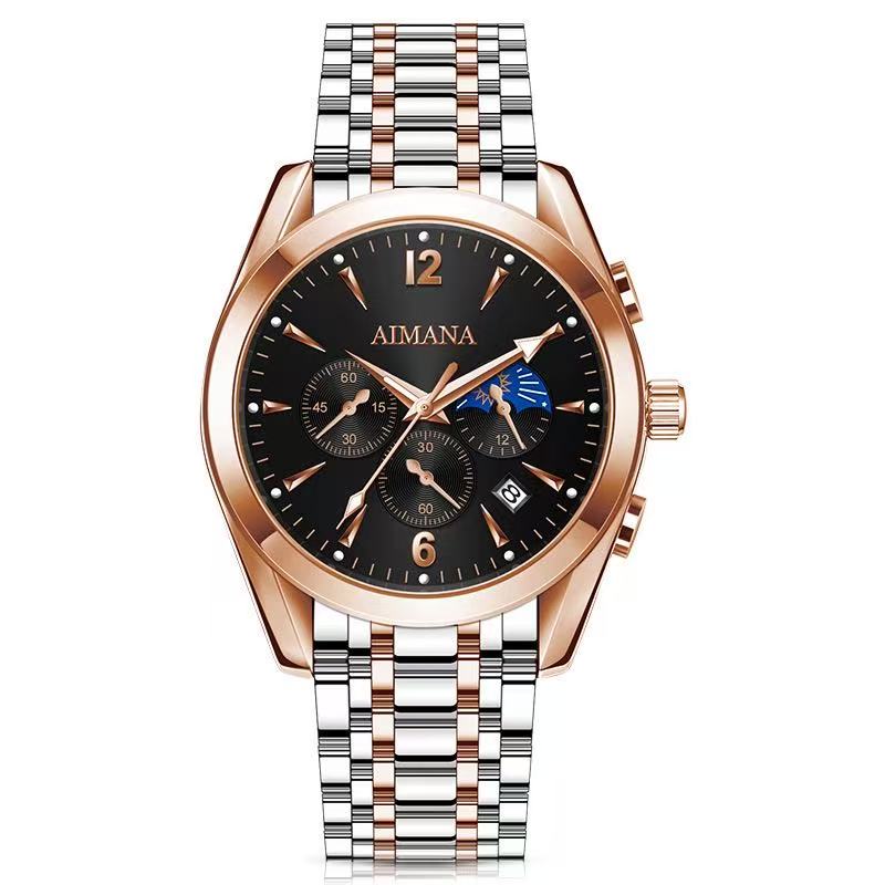 AIMANA Men’s Luxury Chronograph Watch – Crafted from Premium Alloy Steel, Featuring a Luminous Dial, Three Sub-Dials, Date Display & Control Buttons. Available in Two Elegant Colors