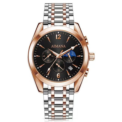 AIMANA Men’s Luxury Chronograph Watch – Crafted from Premium Alloy Steel, Featuring a Luminous Dial, Three Sub-Dials, Date Display & Control Buttons. Available in Two Elegant Colors