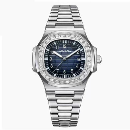 AIMANA Unisex luxury watch with a stainless steel case, diamond bezel, date display, elegant design, and timeless style.