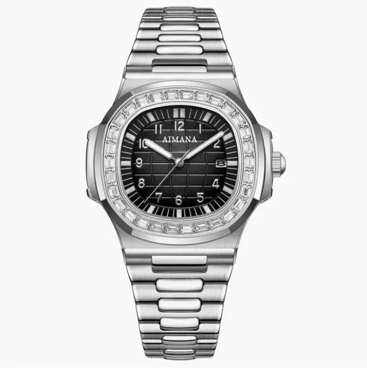 AIMANA Unisex luxury watch with a stainless steel case, diamond bezel, date display, elegant design, and timeless style.