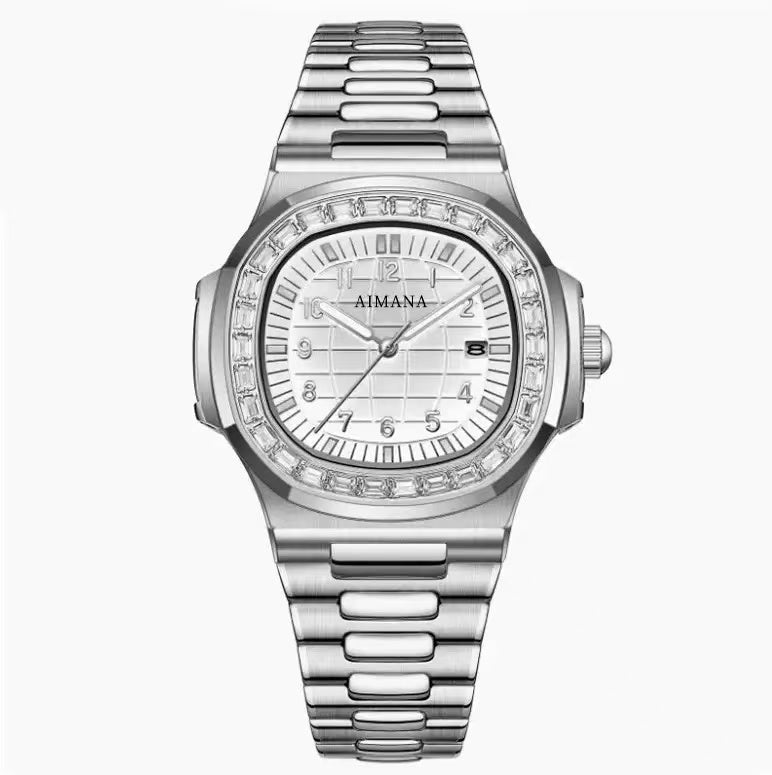 AIMANA Unisex luxury watch with a stainless steel case, diamond bezel, date display, elegant design, and timeless style.