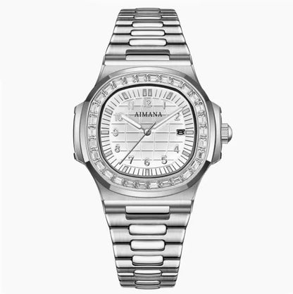 AIMANA Unisex luxury watch with a stainless steel case, diamond bezel, date display, elegant design, and timeless style.
