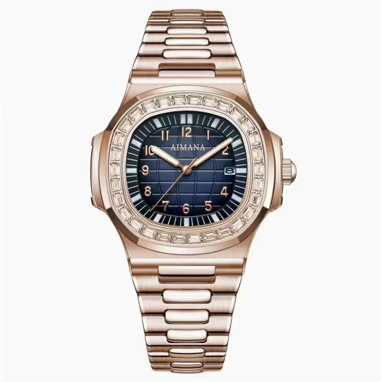 AIMANA Unisex luxury watch with a stainless steel case, diamond bezel, date display, elegant design, and timeless style.