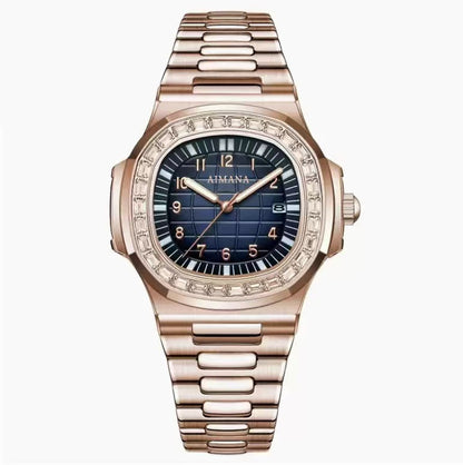 AIMANA Unisex luxury watch with a stainless steel case, diamond bezel, date display, elegant design, and timeless style.