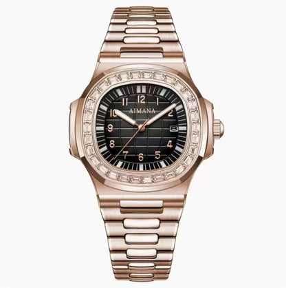 AIMANA Unisex luxury watch with a stainless steel case, diamond bezel, date display, elegant design, and timeless style.