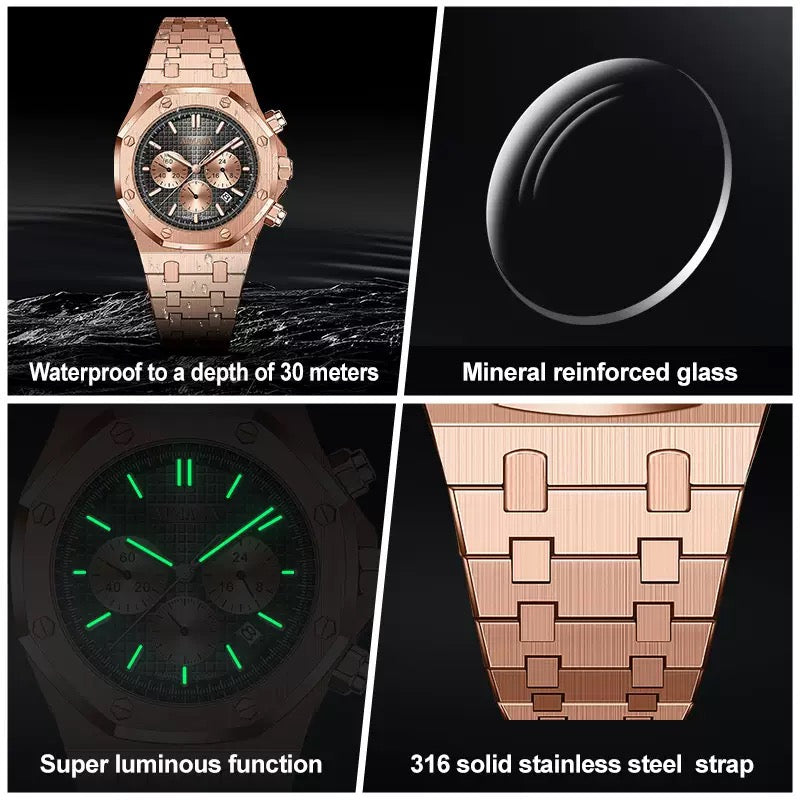 AIMANA Men’s Chronograph Watch – Square Premium Steel Case, Luminous Dial, Water & Scratch Resistant, with 3 Sub-Dials and Precision Control Buttons.