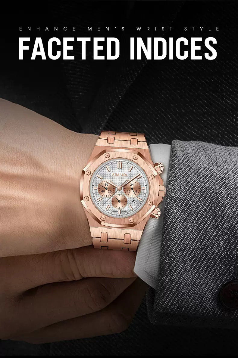 AIMANA Men’s Chronograph Watch – Square Premium Steel Case, Luminous Dial, Water & Scratch Resistant, with 3 Sub-Dials and Precision Control Buttons.