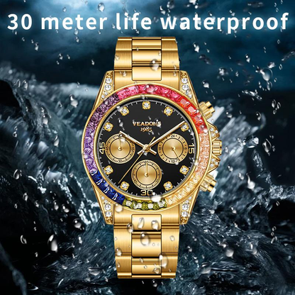 Men’s business fashion watch with crystal accents and a rainbow crystal chronograph design