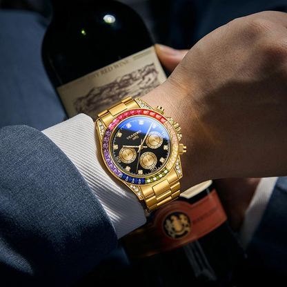 Men’s business fashion watch with crystal accents and a rainbow crystal chronograph design