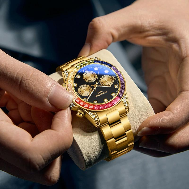Men’s business fashion watch with crystal accents and a rainbow crystal chronograph design
