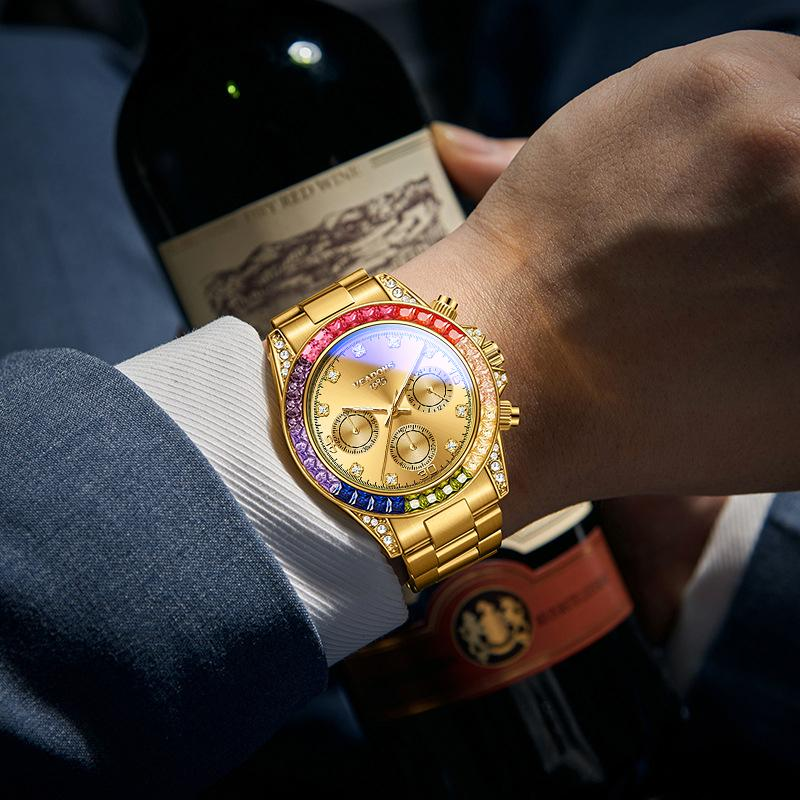 Men’s business fashion watch with crystal accents and a rainbow crystal chronograph design