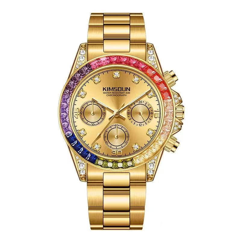 Men’s business fashion watch with crystal accents and a rainbow crystal chronograph design