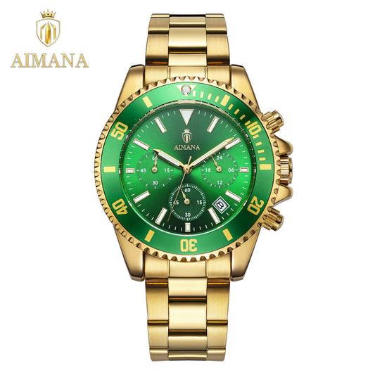 AIMANA Luxury Men’s Gold Chronograph Watch, Stainless Steel Quartz Wristwatch with Luminous Hands, Multi-Function Dial and Date Display, Water-Resistant Sports Watch, Ideal Gift for Him
