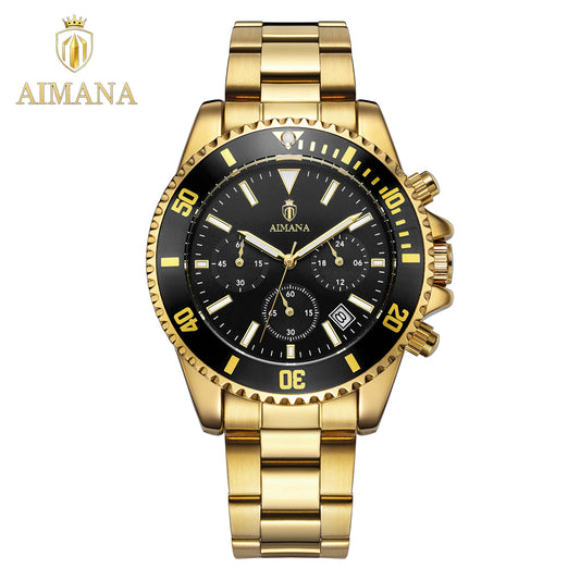 AIMANA Luxury Men’s Gold Chronograph Watch, Stainless Steel Quartz Wristwatch with Luminous Hands, Multi-Function Dial and Date Display, Water-Resistant Sports Watch, Ideal Gift for Him