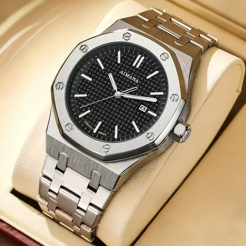 AIMANA Men’s Luxury Quartz Watch – Square Premium Steel Case with Luminous Dial, Water & Scratch Resistant, Featuring Date Display. A Stylish and Versatile Timepiece – Includes a Free Elegant Women’s Watch.