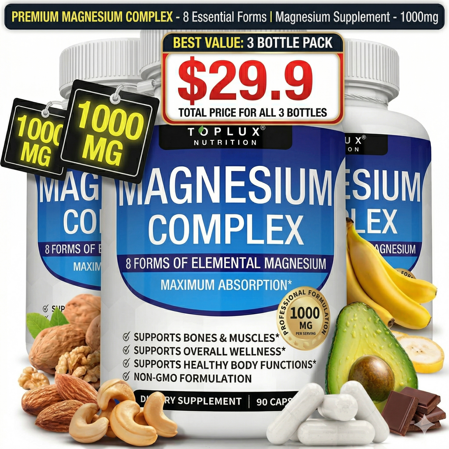 【3-Bottle Bundle】Magnesium Complex 8 Essential Magnesium Supplement 1000mg - Only $29.9!