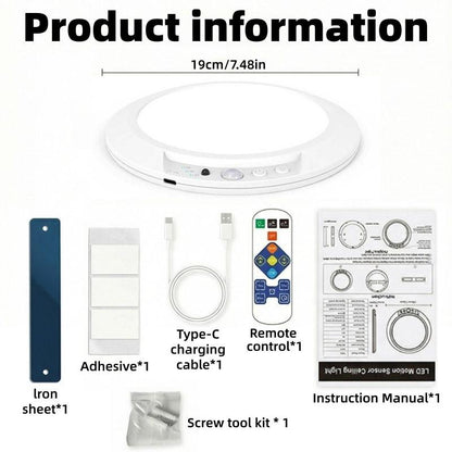 Smart Human Motion Sensor Ceiling Light with Type-C Charging Cable, Adhesive Tape, Remote Control, Iron Sheet, Screw Bag, Bedroom Stairs Closet, Motion Sensor Lamp