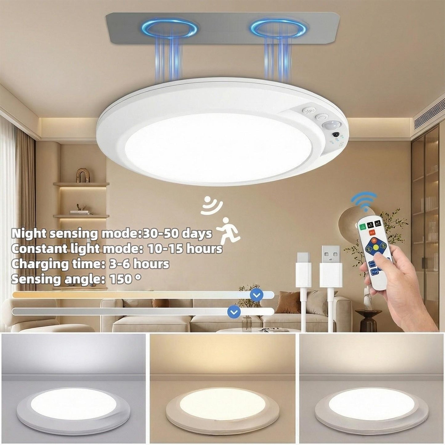 Smart Human Motion Sensor Ceiling Light with Type-C Charging Cable, Adhesive Tape, Remote Control, Iron Sheet, Screw Bag, Bedroom Stairs Closet, Motion Sensor Lamp