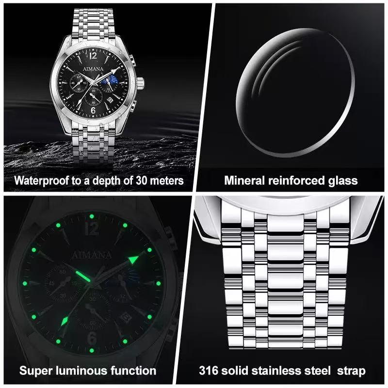 AIMANA Men’s Luxury Chronograph Watch – Crafted from Premium Alloy Steel, Featuring a Luminous Dial, Three Sub-Dials, Date Display & Control Buttons. Available in Two Elegant Colors