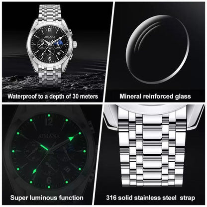 AIMANA Men’s Luxury Chronograph Watch – Crafted from Premium Alloy Steel, Featuring a Luminous Dial, Three Sub-Dials, Date Display & Control Buttons. Available in Two Elegant Colors
