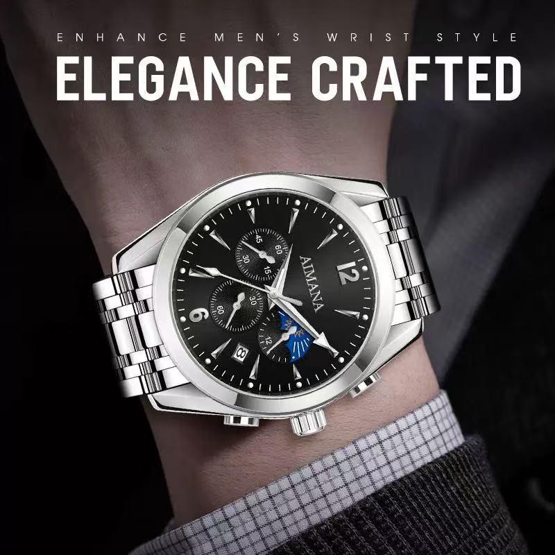 AIMANA Men’s Luxury Chronograph Watch – Crafted from Premium Alloy Steel, Featuring a Luminous Dial, Three Sub-Dials, Date Display & Control Buttons. Available in Two Elegant Colors