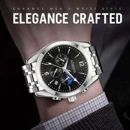 AIMANA Men’s Luxury Chronograph Watch – Crafted from Premium Alloy Steel, Featuring a Luminous Dial, Three Sub-Dials, Date Display & Control Buttons. Available in Two Elegant Colors